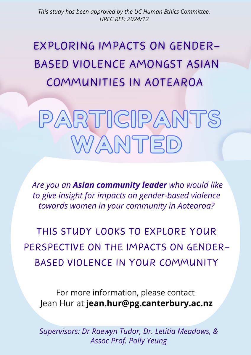 Exploring impacts on gender-based violence amongst Asian communities in Aotearoa, for two participant groups to interview one-to-one. For more information, queries, or interest in participating, you can contact me here: jean.hur@pg.canterbury.ac.n