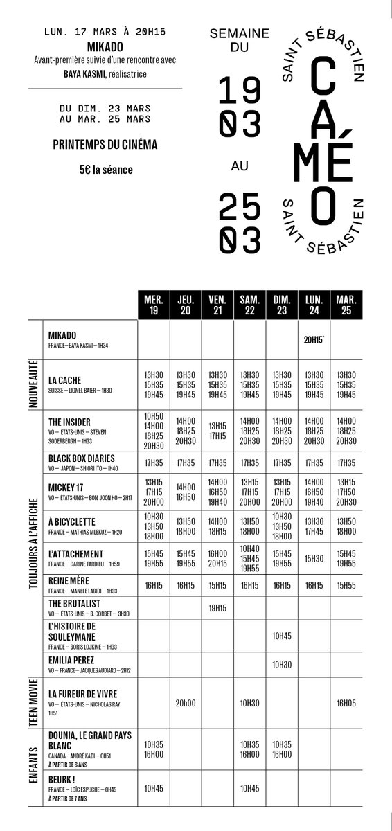 Horaires des séances pour la semaine du 19 au 25 mars

#Nancy
