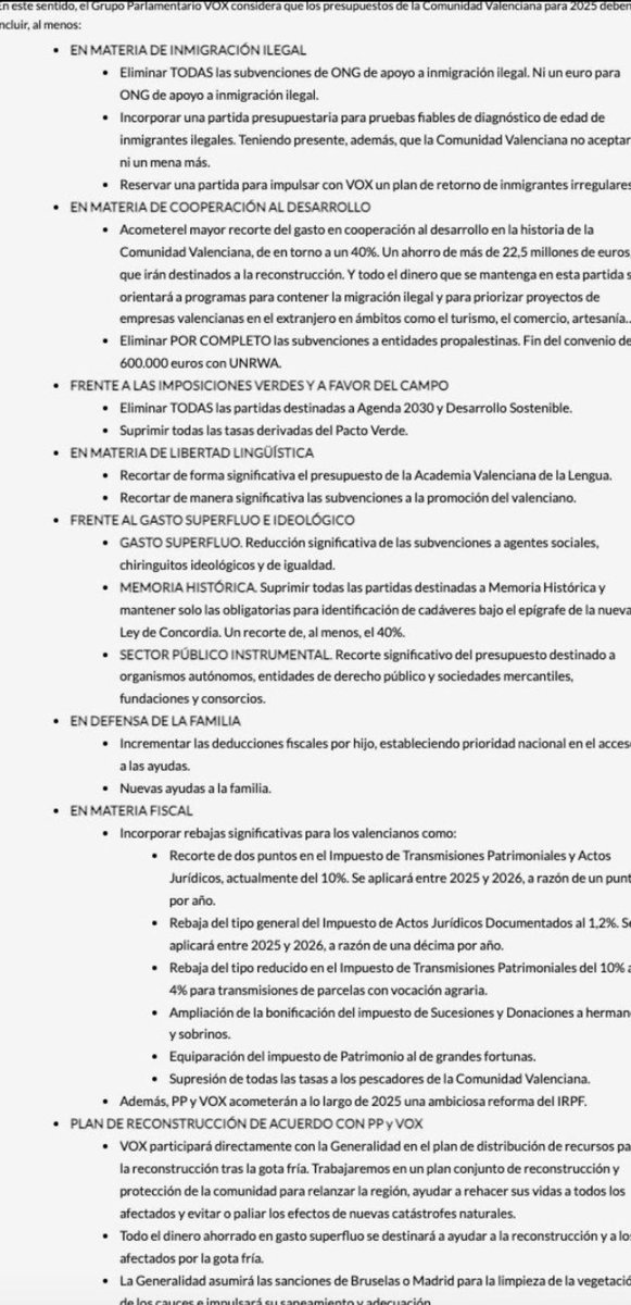 Sentandreu's tweet photo. Una humilde propuesta para el pliego de exigencias de @vox_es a @carlos_mazon_ para aprobar los presupuestos de la @generalitat Valenciana (si hubiera negociado yo):
1.- No llamar valenciano a lo que es cátalan, que es lo que se impone en los colegios.
2.-Presupuesto 0 para la batasuna Académia Valenciana de la Lengua @AVLoficial.
3.- Presupuesto 0 para entidades y chiringuitos catalanistas.
4.- Cierre de la catalanista e insufrible @apunt_media TV.
5.- Fomento y apoyo de las entidades que defienden desde hace más de 100 años la verdadera e histórica lengua valenciana.
6.- Eliminación obligatoria del la docencia en catalán y del catalán
7.- Respeto a la libertad individual para la elección de la docencia en valenciano (normas RACV) y en castellano.
8.- Eliminación del término País Valenciano y Países Catalanes de cualquier texto educativo así como de su uso para la denominación y registro de entidades públicas o privadas en en ámbito de la Comunidad Valenciana.