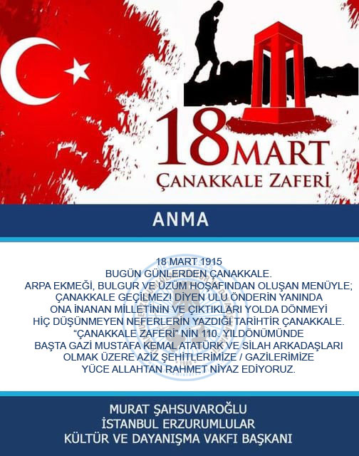 ANMA:
18 MART 1915  BUGÜN GÜNLERDEN ÇANAKKALE. ARPA EKMEĞİ, BULGUR VE ÜZÜM HOŞAFINDAN OLUŞAN MENÜYLE; ÇANAKKALE GEÇİLMEZ! DİYEN ULU ÖNDERİN YANINDA ONA İNANAN MİLLETİNİN VE ÇIKTIKLARI YOLDA... 
@msahsuvarogluu
<a href="/naketeci/">Neslihan Arzu KETECİ</a>
<a href="/huseyinunes/">Hüseyin ÜNEŞ</a>
<a href="/BilginAkn/">bilgin akın</a>
<a href="/CelilPOLAT/">Celil POLAT</a>
<a href="/ozkayahuseyin25/">Hüseyin Özkaya</a>