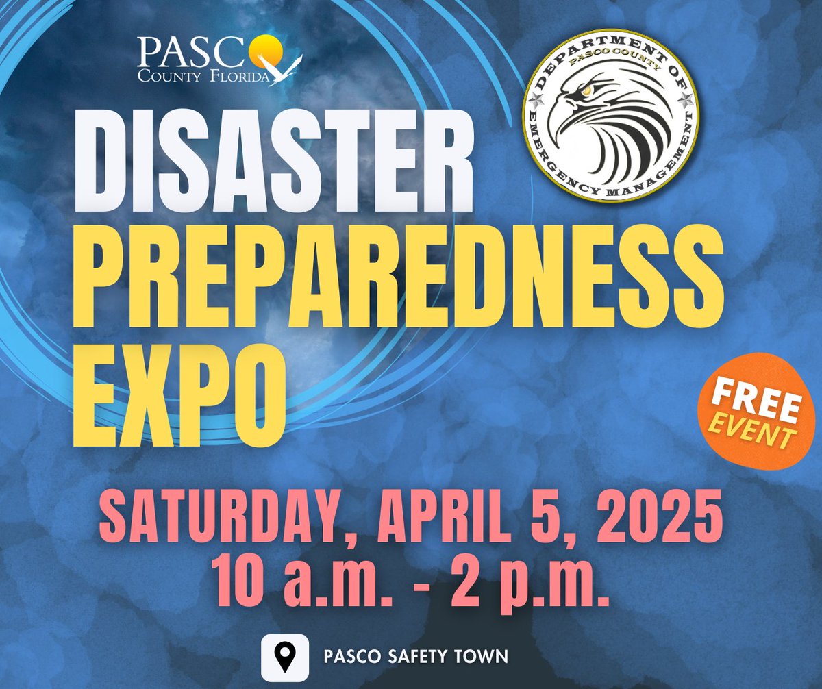 PascoCountyPIO's tweet image. DISASTER EXPO: Get ready for hurricane season and other emergencies with us at our 2025 Disaster Expo!
Join us at Pasco Safety Town, April 5th, 10 a.m. – 2 p.m., for a day of family-friendly preparedness tips and activities! Don't miss out!

#PascoCountyEM #DisasterPrep