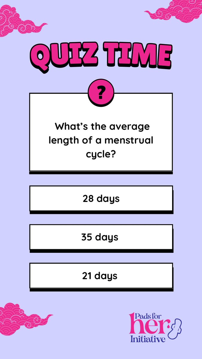 Padsforherorg's tweet image. Hi paddies 🌸 it’s Quiz Monday. 

#PadsForHer #EndPeriodPoverty #MenstrualHealth #BeyondHerCycle #HerCycleSeries #PeriodQuiz #PeriodTalk