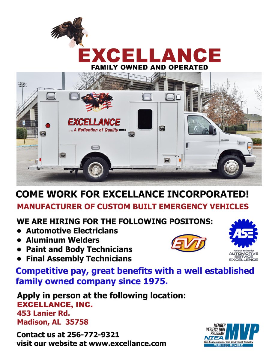 ExcellanceAL's tweet image. Excellance Inc. is HIRING. Join our team building the safest emergency vehicles on the road. Full time, competitive pay, insurance and 401k opportunities!
Hiring: AC Electrical Technician, Fabrication Set-Up, Paint Assistant and Project Manager.
#hiring #hiringnow #jobs #Career