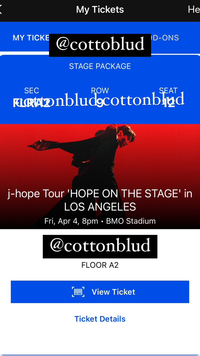 cottonblud's tweet image. wts !! 1 ticket J-Hope Stage Package 
Los Angeles Friday April 4
seat: floor A2 row 9 seat 12 

serious buyers only !! PM me for details proof of more info that you need. we can schedule a phone call and do the process through facetime. 
venmo f&amp;amp;f paypal f&amp;amp;f or zelle !! 

#wtsbts