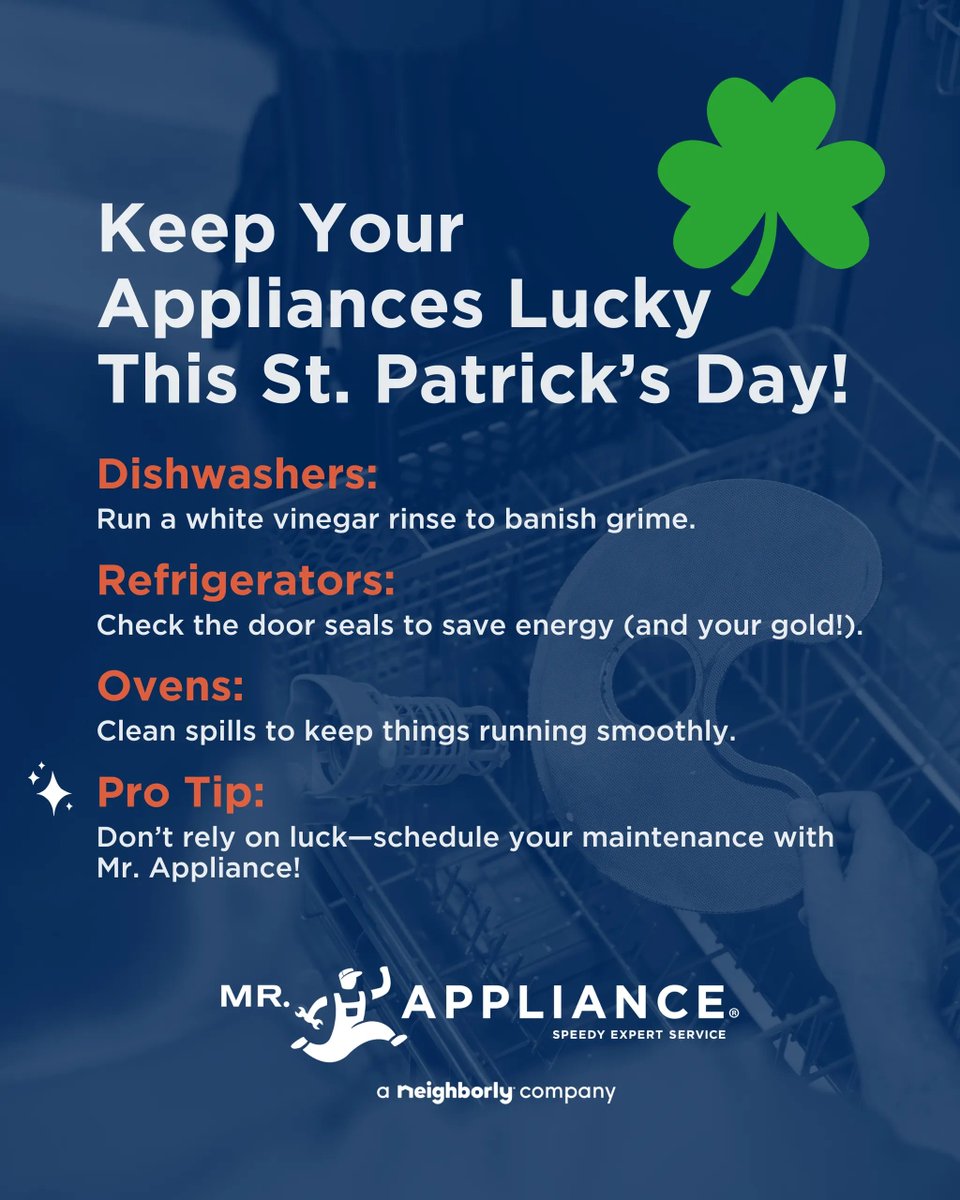 MrAppliance's tweet image. Keep your appliances running “lucky” all year long! 🍀 Regular maintenance prevents costly breakdowns and ensures peak performance.

#MrAppliance #Neighborly #LuckyHome #ApplianceCare #HomeMaintenance