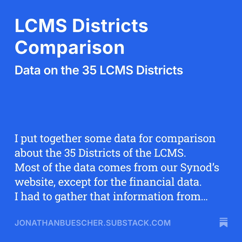 Which district in the LCMS is the biggest?
What if Illinois was one district?
Which district has the highest budget per congregation?
Take a look at some data I compiled.
jonathanbuescher.substack.com/p/lcms-distric…
#lcms