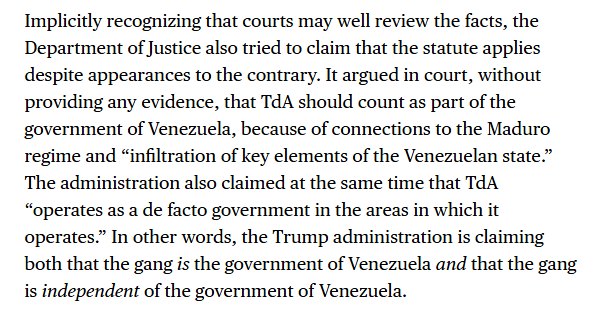 Aaron Reichlin-Melnick (@reichlinmelnick) on Twitter photo Glad to see <a href="/NoahRFeldman/">Noah Feldman</a> arguing this point: the Alien Enemies Act proclamation is internally contradictory. It declares both that Tren de Aragua is a government because it's an arm of Maduro, and also because it governs in areas where Maduro does not. Both can't be true. Glad to see <a href="/NoahRFeldman/">Noah Feldman</a> arguing this point: the Alien Enemies Act proclamation is internally contradictory. It declares both that Tren de Aragua is a government because it's an arm of Maduro, and also because it governs in areas where Maduro does not. Both can't be true.