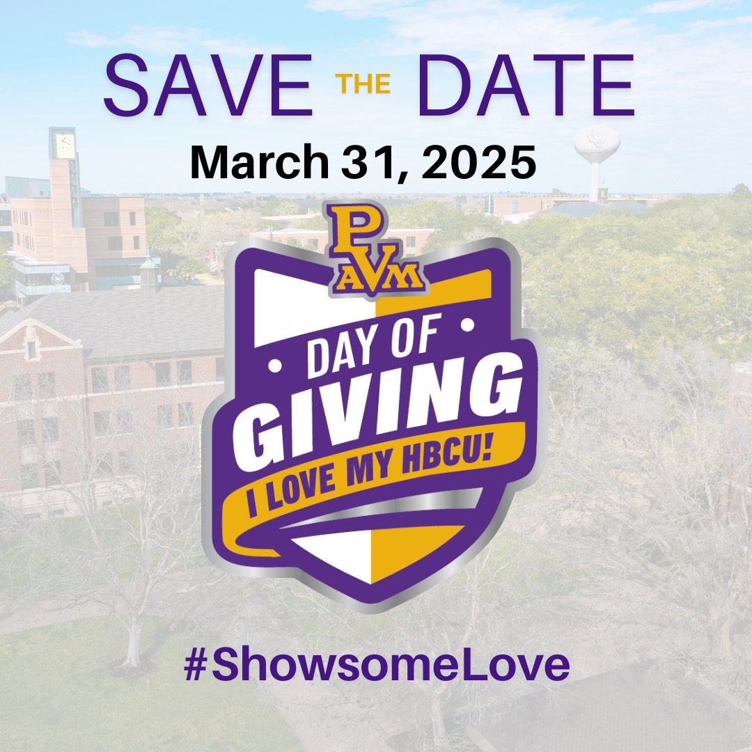 PVAMU's tweet photo. Save the Date!

Panther family, it’s that time of year to show up and show out for our annual I Love My HBCU Day of Giving! Mark your calendars for March 31st, and get ready to give back to the university that gave us so much. https://t.co/k9CEGXHMy5