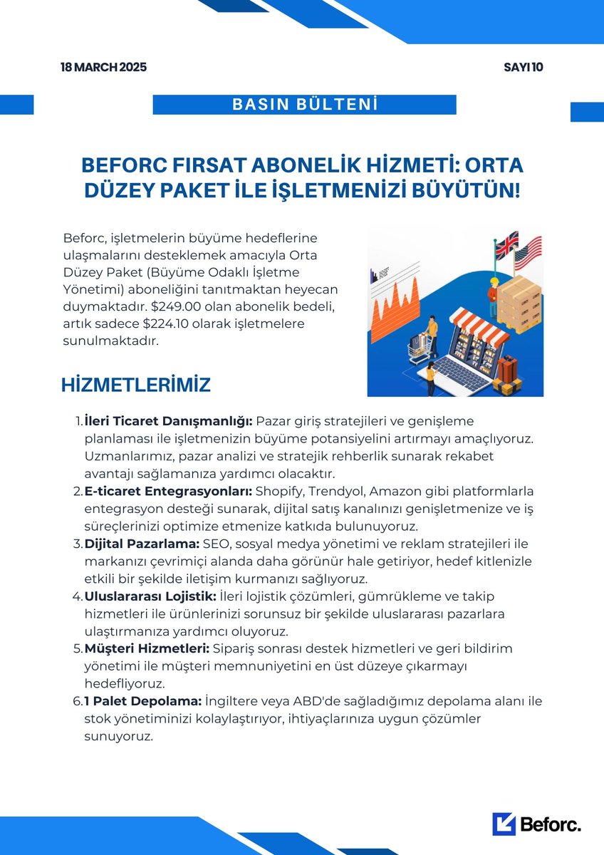 beforcustomer's tweet photo. 🚀 İşletmenizi Büyütmek İçin Fırsat! 🚀

💡 Özel Fırsat: Abonelik bedelimiz, $249 yerine sadece $224.10!

📩 Daha fazla bilgi: info@beforc.com | https://t.co/PxAYYntbKE
Haydi, ilk adımı atın! 🌟 
#Beforc #Logistics #Ecommerce #DigitalMarketing https://t.co/tPxMRX30fR