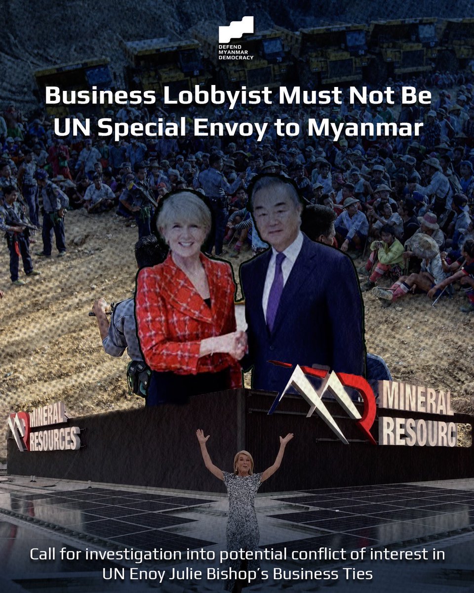How can Julie Bishop mediate the political crisis in #Myanmar on behalf of the #UnitedNations while also advising the board of a Chinese company that is profiting from #Myanmar's minerals alongside the military junta that is causing the crisis? 🤨
#UN #ConflictofInterest