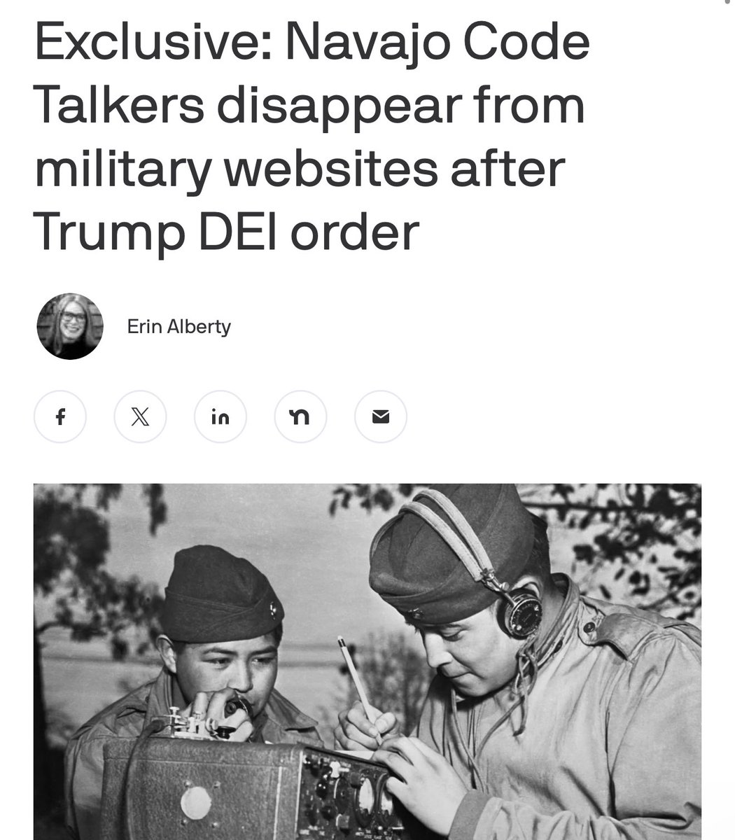 🚨 Axios is reporting articles about the renowned Native American Code Talkers have disappeared from some military websites, with several broken URLs now labeled "DEI."

Why it matters: From 1942 to 1945, the NavajoCode Talkers were instrumental in every major Marine Corps