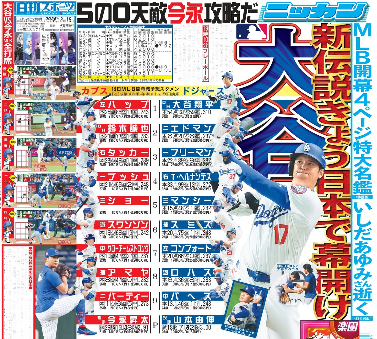 本日18日の東京最終版1面はMLB開幕戦🇺🇸🇯🇵ドジャース大谷翔平投手の25年シーズンが今日開幕⚾️相手は天敵カブスの今永昇太投手🧢詳しくはニッカンで📰  #大谷翔平 #ドジャース #MLB #MLB東京シリーズ #東京ドーム #今永昇太 #カブス
