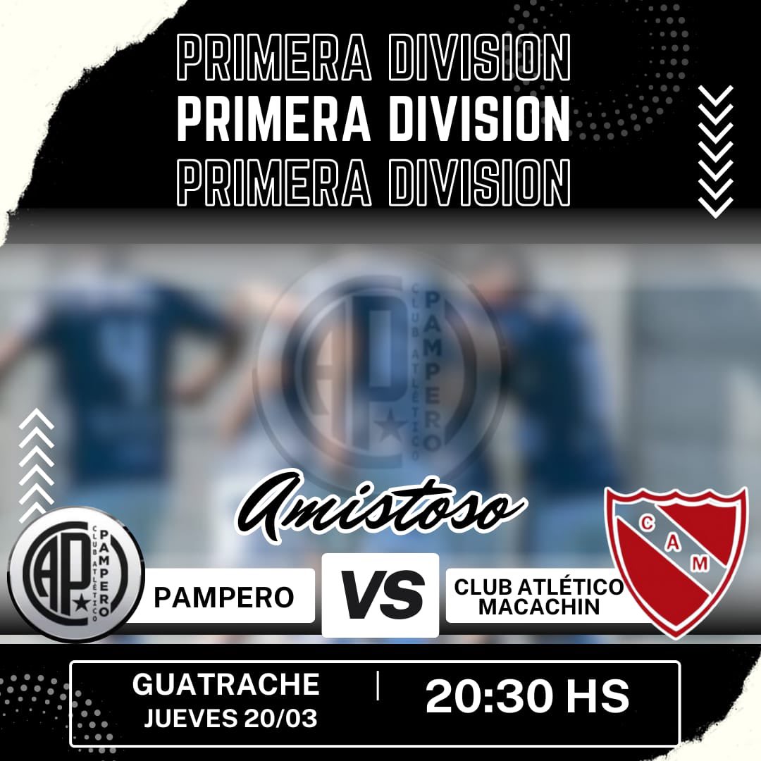 Este jueves a las 20:30 Pampero disputará un partido amistoso frente a Atlético Macachin en Guatraché.

¡Los esperamos a todos!