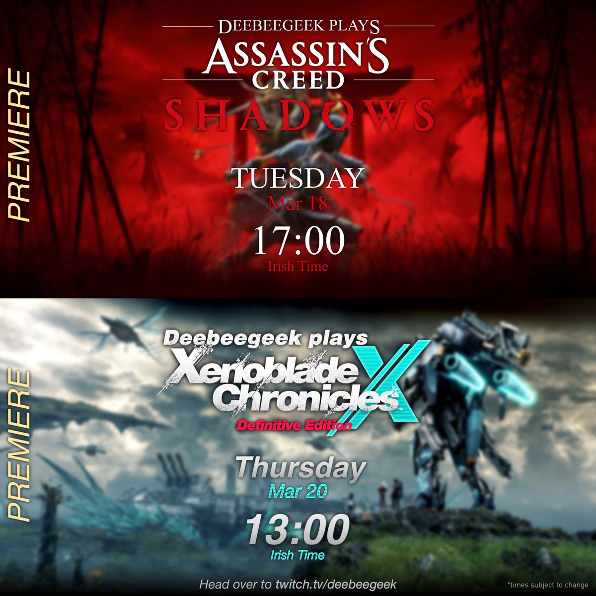 THE STREAM SCHEDULE IS HERE! 

Yes it’s actually happening! Huge week of streams! See you all tomorrow with an early look at #AssassinsCreedShadows and then on Thursday our #XenobladeChroniclesX journey begins! 

🔥 HYPE IN DA CHAT!!🔥