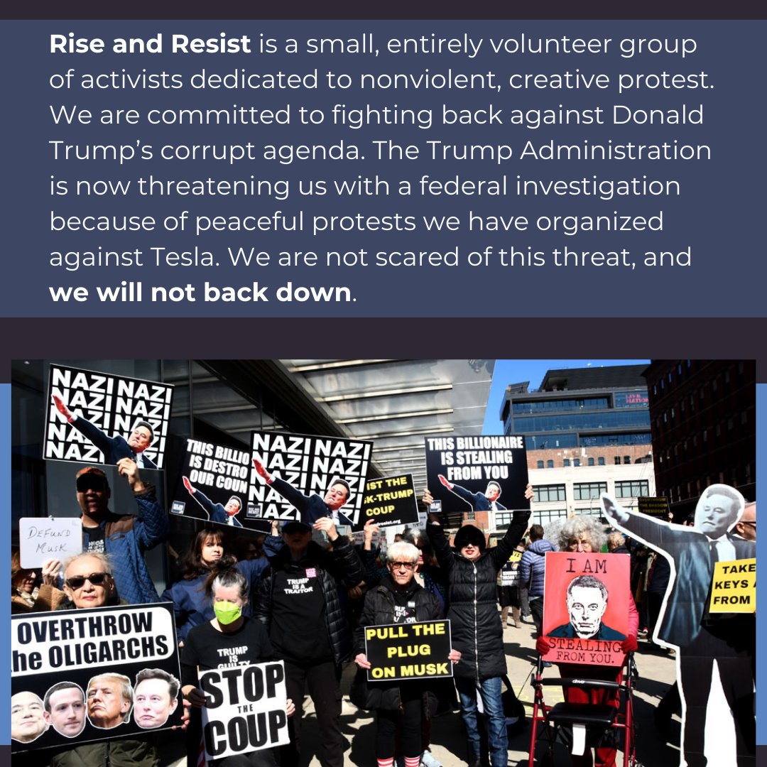 riseandresistny's tweet image. Our statement regarding the fascist crackdown on peaceful protests.  

Rise and Resist is a small, entirely volunteer group of activists dedicated to nonviolent, creative protest.  …🧶  

#StopTheCoup #TeslaTakedown #RiseAndResist #Resist #DoNotObeyInAdvance