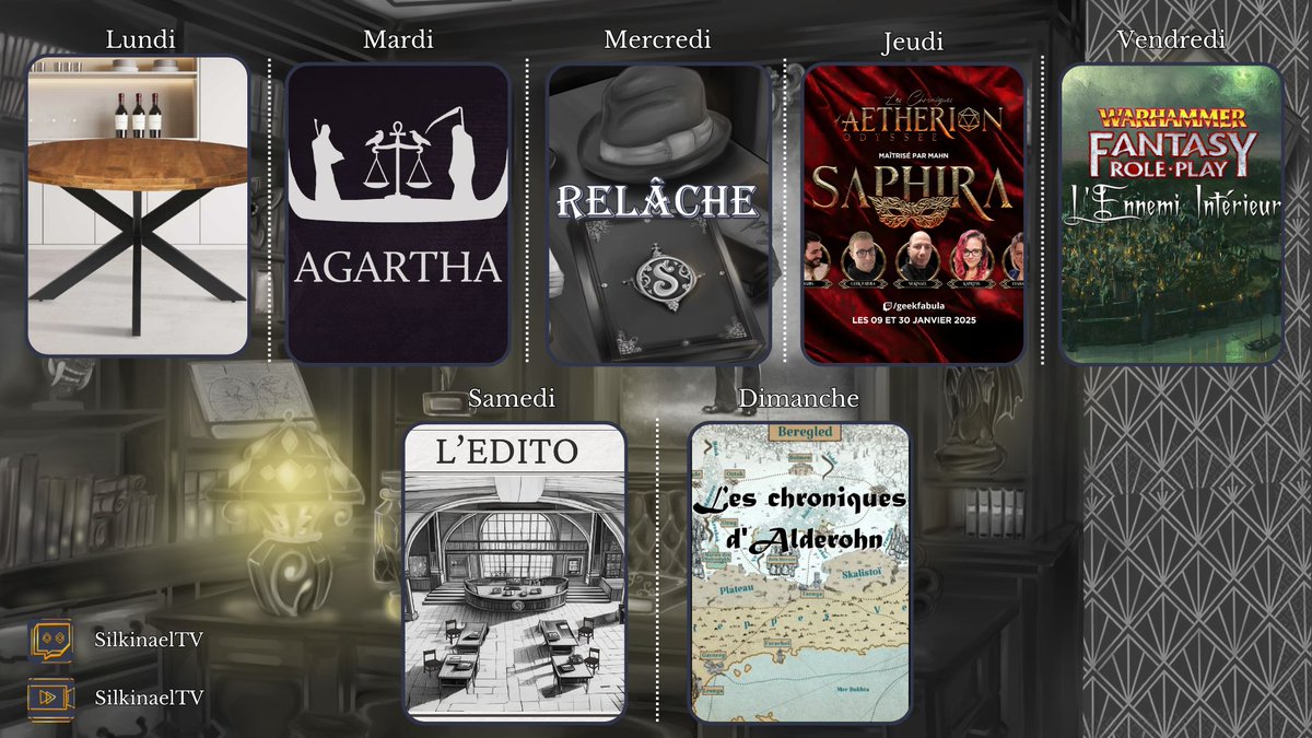 Lu : Table ronde chez Dés_Chimères
Ma : Agartha avec <a href="/Aenorial/">Aenorial</a> et compagnie
Je : Saphira, chez <a href="/GeekFabula/">Geek Fabula</a> avec <a href="/Kapryss2/">Kapryss 🌠</a> &amp; <a href="/diabalzane/">Diabalzane</a> 
Ve : Warhammer avec @lecercleJDR : <a href="/Arzilia_/">Arzilia</a>, <a href="/AsaliathTv/">Asaliath</a>, <a href="/lubu_wei/">Lubuwei | Arc Ecriture de campagne</a>, <a href="/Kiro_S_Terashii/">Kiro S. Terashii</a> &amp; <a href="/Benlek_J/">Benlek</a> 
Sa : EDITO avec Max de <a href="/BonneAubergeJDR/">La Bonne Auberge</a> 
Di