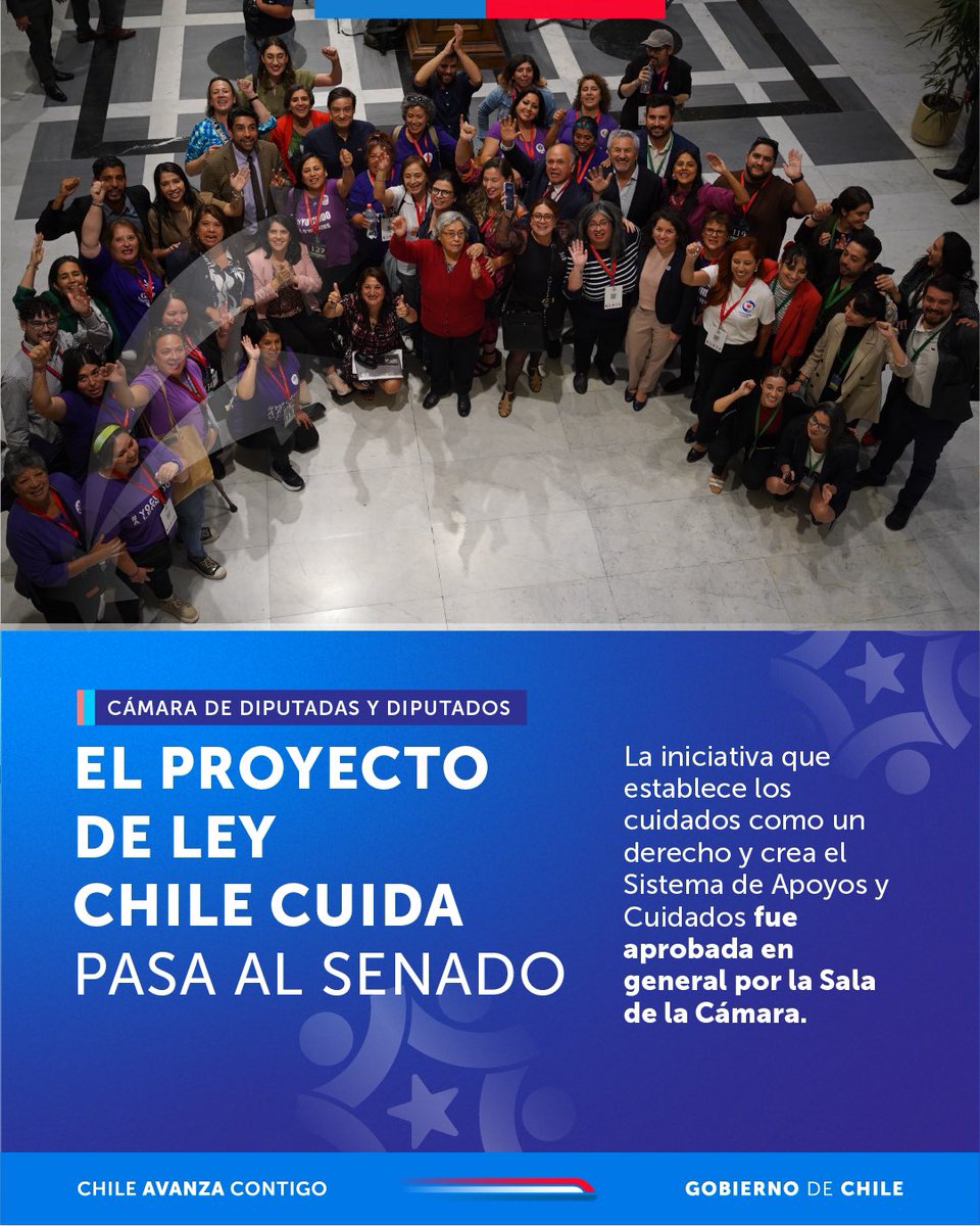 ¡Avanza #ChileCuida! 

EL proyecto de ley que establece los cuidados como un derecho y crea el Sistema Nacional de Apoyos y Cuidados fue aprobado por la Sala de la Cámara de Diputados y Diputadas. La iniciativa pasa al Senado para seguir su trámite legislativo.