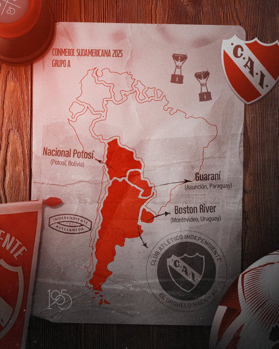 Todo listo para la <a href="/Sudamericana/">CONMEBOL Sudamericana</a> 🏆

#Independiente encabeza el Grupo A, que comparte junto a Guaraní (PAR), Nacional de Potosí (BOL) y Boston River (URU).

¡A TODAS PARTES TE SEGUIREMOS!

#TodoRojo 🔴