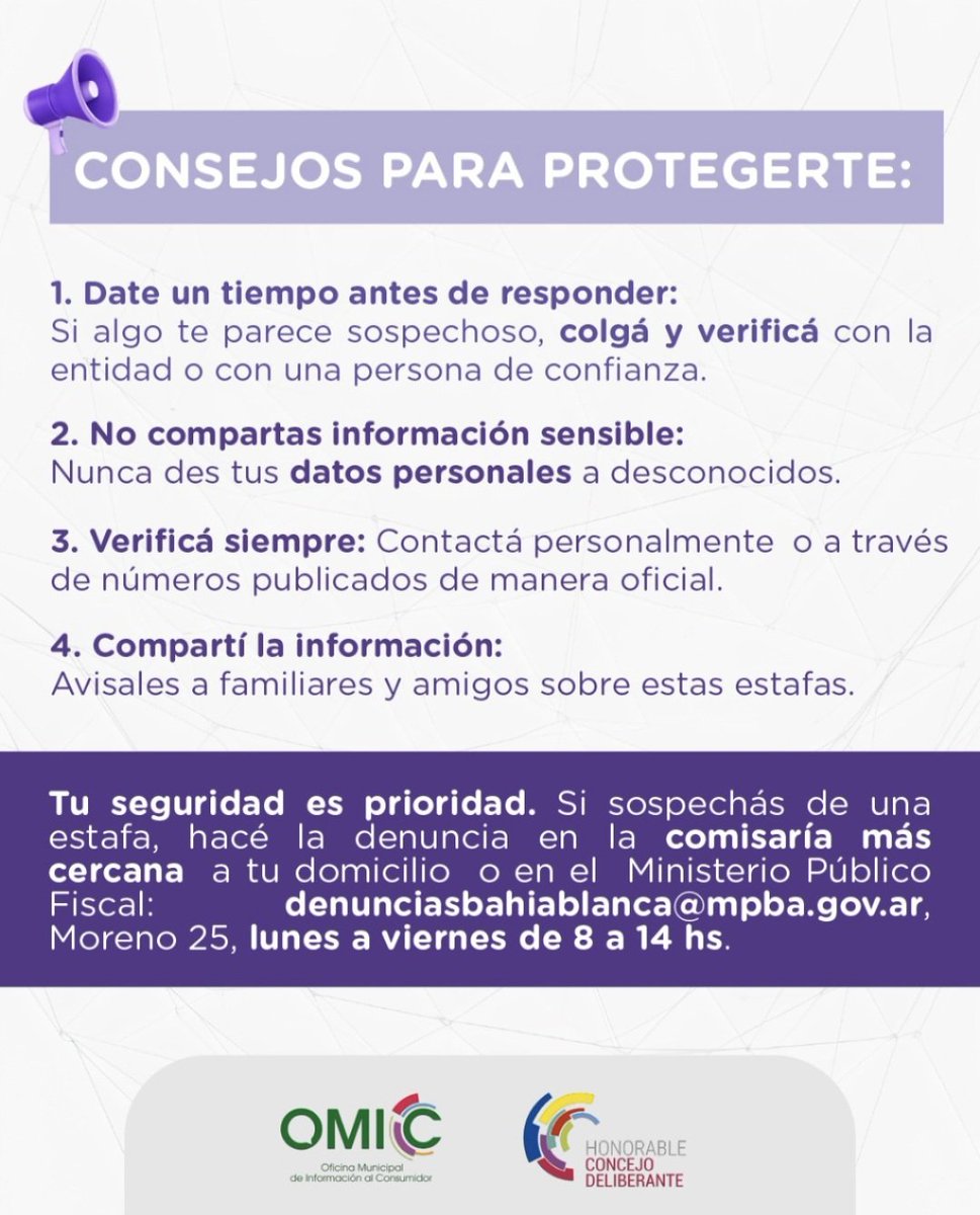 ¡ATENCIÓN!

➡️ La OMIC y el H. Concejo Deliberante advierten sobre la posibilidad de estafas virtuales.

➡️ A continuación, te ofrecemos recomendaciones útiles para ayudarte a prevenir estas situaciones.