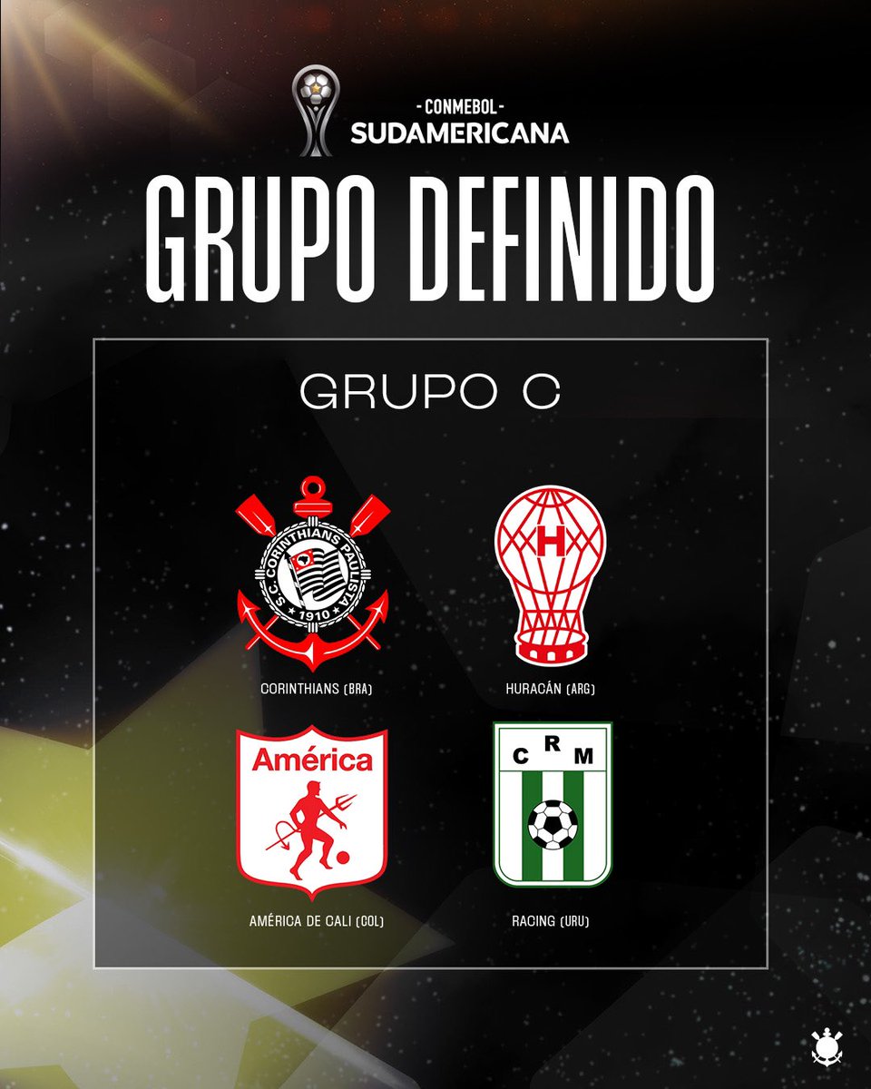 Grupo definido! ✔️

O Corinthians está no grupo C da CONMEBOL Sudamericana! ⚫⚪

🇨🇴 América de Cali
🇦🇷 Huracán
🇺🇾 Racing
🇧🇷 Corinthians

#VaiCorinthians