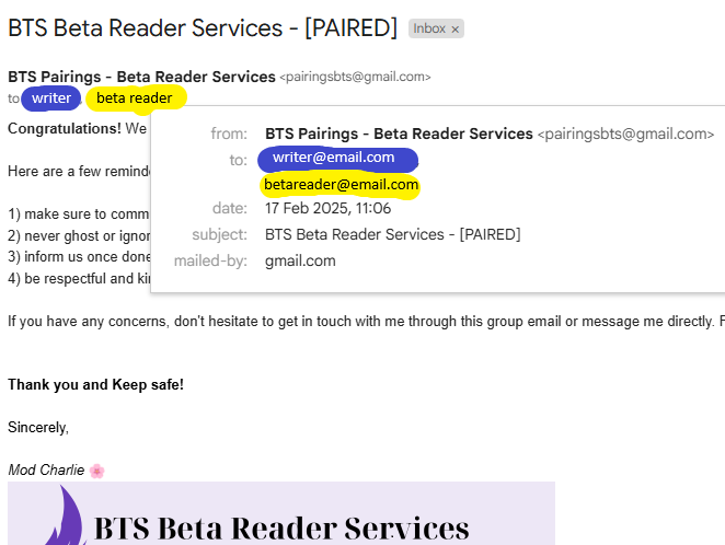 BTSBetaServices's tweet photo. I can no longer make GCs because we've added bsky as another platform so the best way for me to pair writers and beta readers is through a group EMAIL. The writer and reader will receive the email as direct recipients, not just as cc/bcc. I hope this helps. Thank you! https://t.co/g0t4r0MPCY