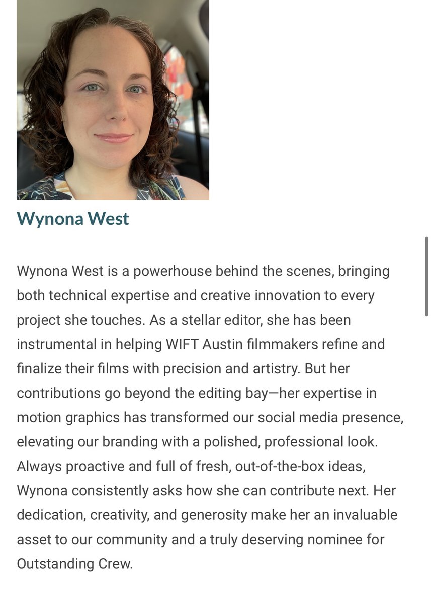 A big congrats to one of our own! The incredibly talented Wynona West has been nominated for outstanding crew member by the Austin chapter of Women in Film &amp; TV (WIFT). ...and no she didn't write this post.