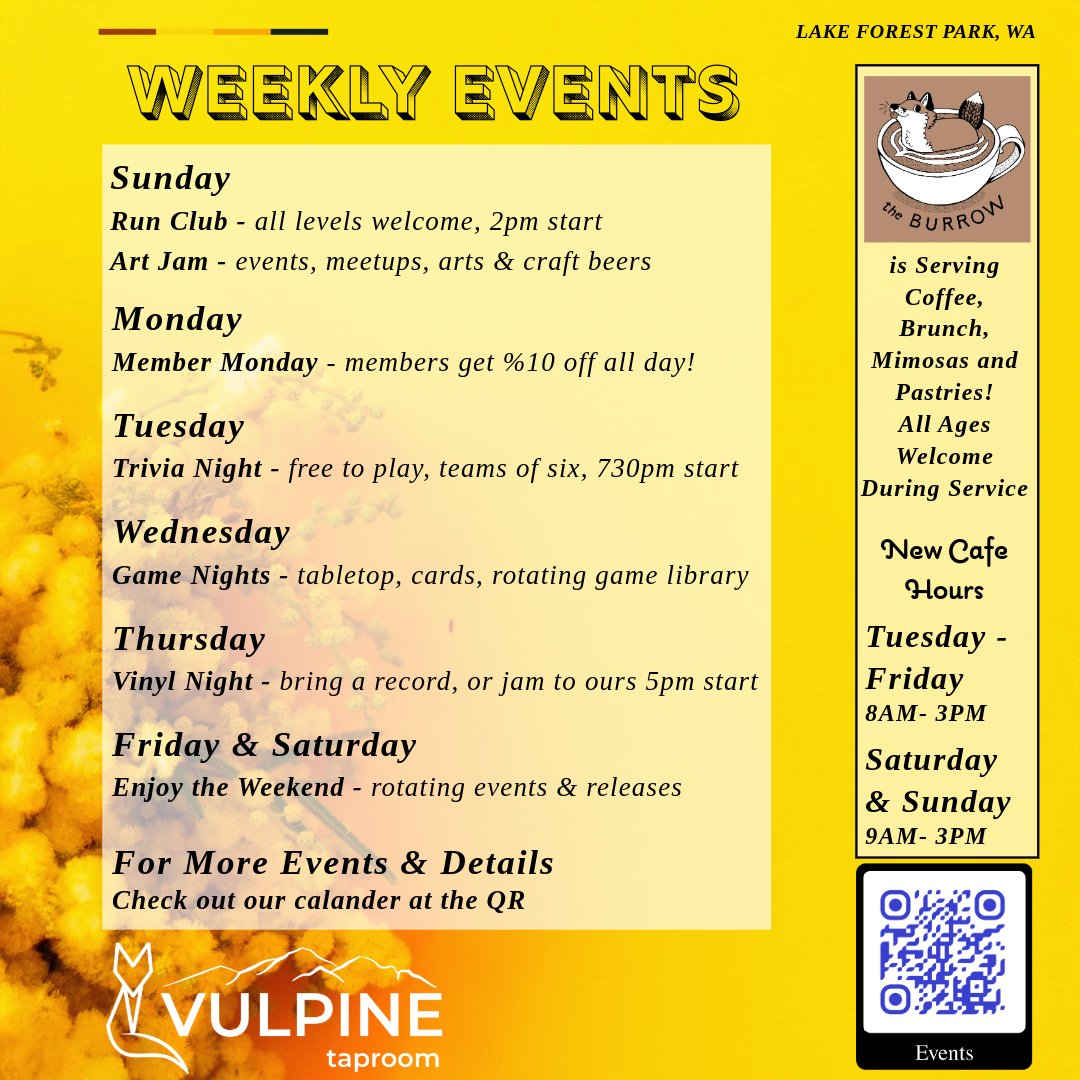 March into spring at Vulpine Taproom! Enjoy our flavorful new sandwich, vibrant fresh salad, and transformed charcuterie board, along with hearty soup. The Burrow is now open Tuesdays and Wednesdays for coffee and brunch.