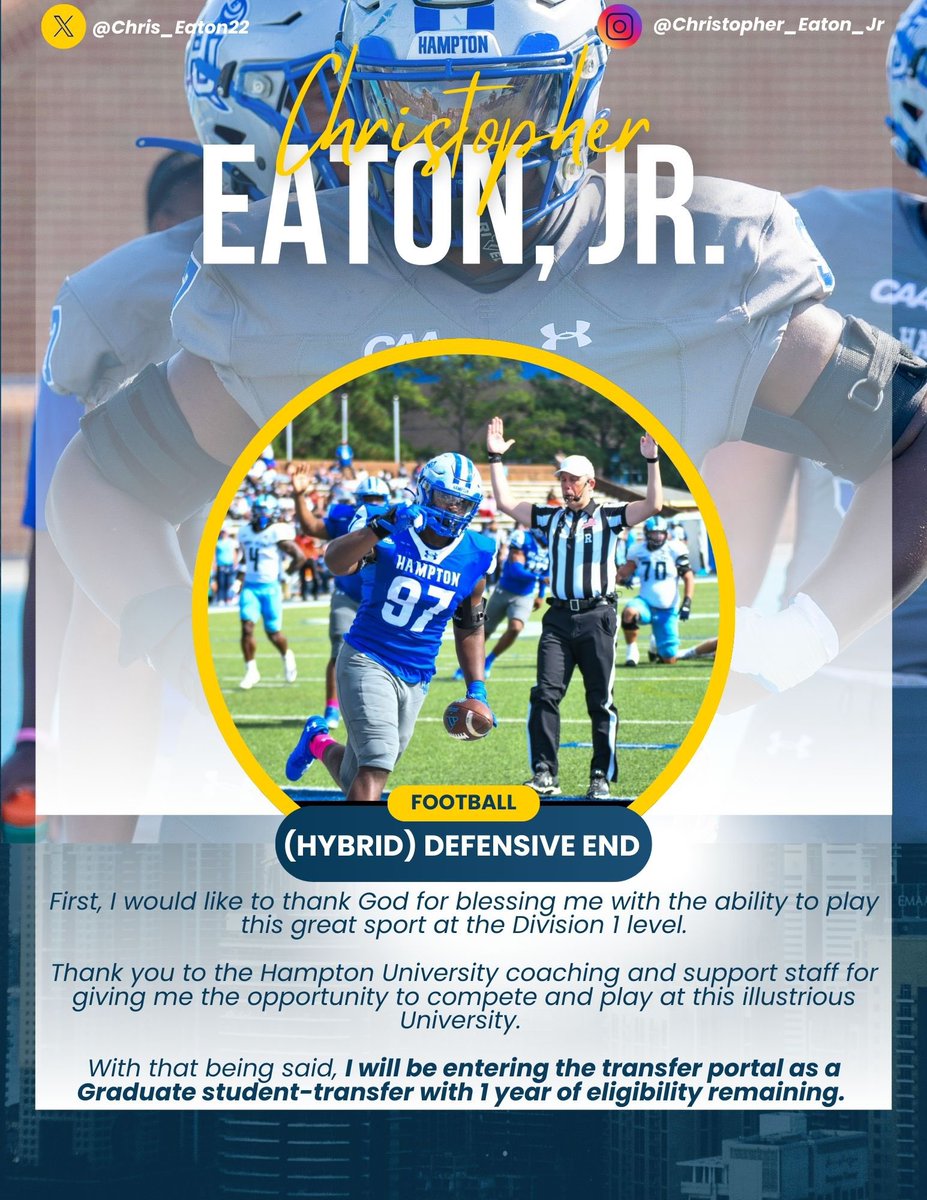 Chris_Eaton22's tweet image. I am officially in the Transfer Portal as a Graduate transfer student and available to speak with coaches immediately. 

Started every game this past season and consistently contributing in key areas such as sacks, interception, TFL’s, touchdown, tackles, etc. 
Some Film Below⬇️