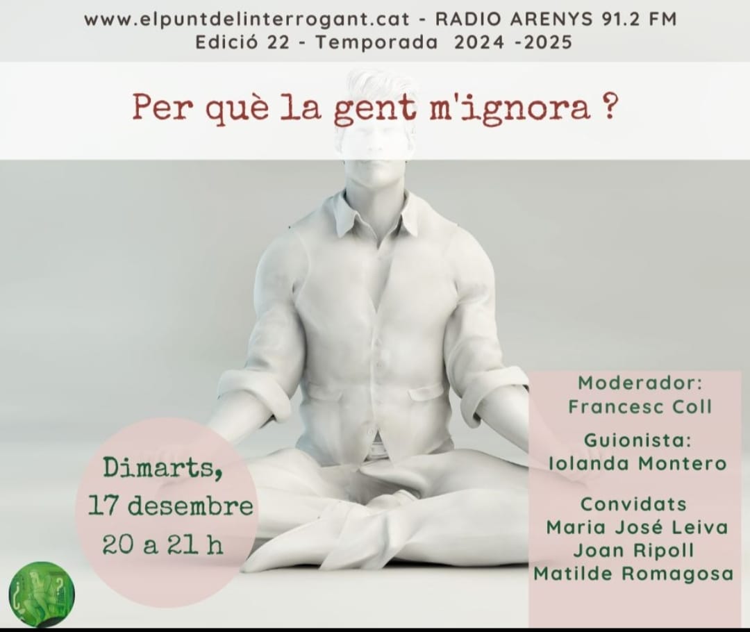 Us heu sentit mai invisibles? Si us ve de gust indagar per què pot passar que ens ignorin, aquí us deixo unes quantes pistes.

<a href="/radioarenys/">Ràdio Arenys</a> 

radioarenys.cat/programs/elpun…