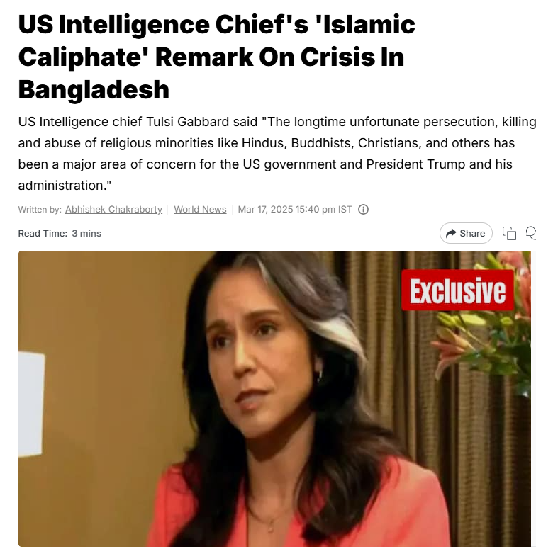 Its a shame for Trump to put Tulsi Gabard as DNI, who does not even care to find/research facts before giving an India/Hindu biased partial statement on minorities in Bangladesh. She is Hindu but she forgot that she represents United States. She took the side of Gujrat Muslim