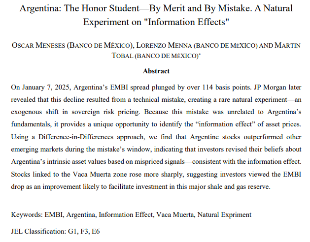 Explotamos un error técnico en el EMBI en tiempo real calculado por JP Morgan para Argentina como un experimento natural para identificar "efectos de información" en el precio de los activos.

Por <a href="/OscarMeneses/">Oscar Meneses</a> , @Lorenzomenna y <a href="/MMartintobal/">Martin Tobal</a> 

ideas.repec.org/p/aoz/wpaper/3…