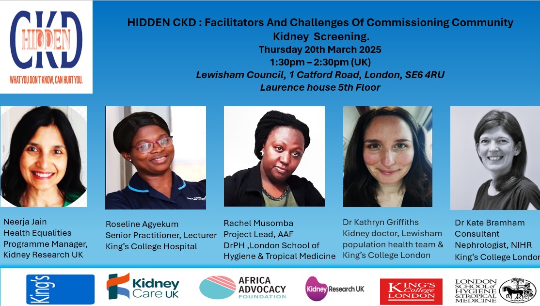 MusombaRachel's tweet photo. Using lessons learnt from @hiddenckd  study, could this be the time that @NHSEngland  adopts community kidney screening to save live? @Kidney_Research @kidneycareuk @africadvocacy  @LSHTM . Join the discussion @LewishamCouncil https://t.co/XqmzwvvrML