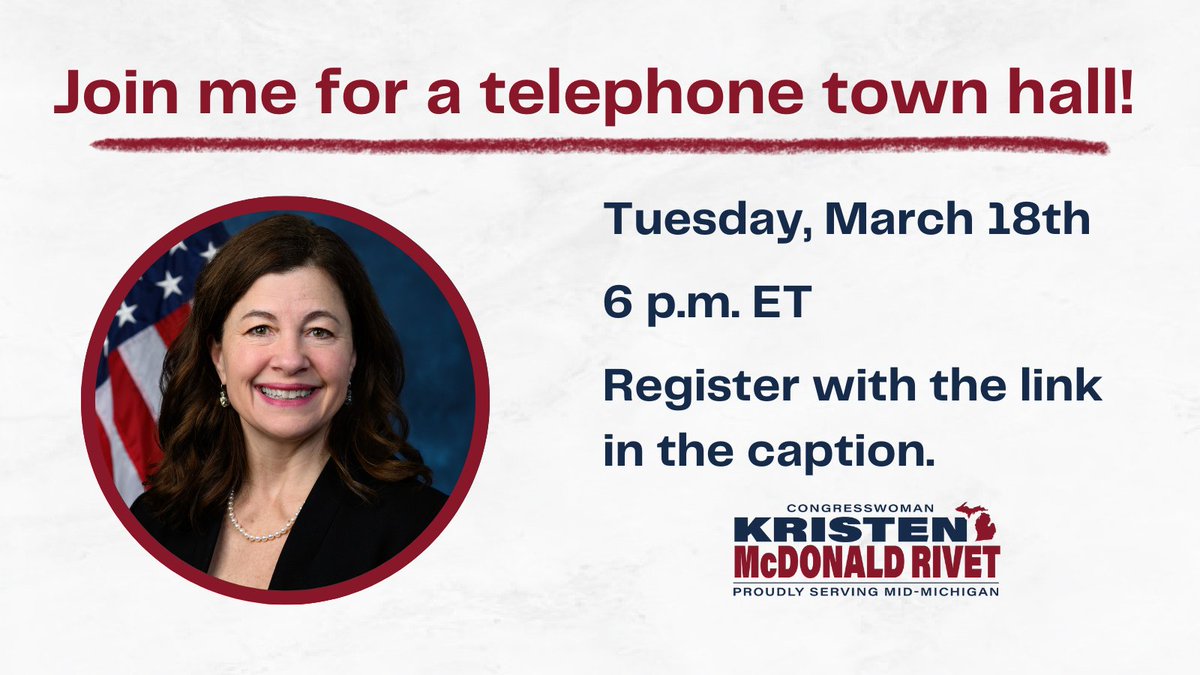 repkmr's tweet photo. Tomorrow night at 6 p.m. ET, I'll be hosting a telephone town hall! Looking forward to talking with mid-Michigan residents about the future of our community.

If you're interested in joining the conversation, register here: https://t.co/V9BnB4nVE4 https://t.co/5xj7Fvn63Y
