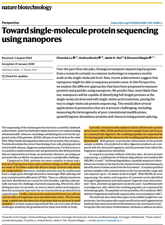 NikoMcCarty's tweet photo. This is a great review on using nanopores to sequence proteins. Out today.

It covers how nanopores work, why they haven't historically been able to sequence individual proteins, and how researchers are adapting them to solve those problems.

Clear writing throughout. https://t.co/2jMgtfwYLN