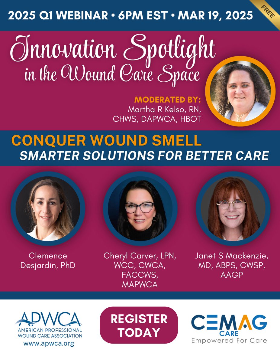 APWCA (@apwca) on Twitter photo HAPPENING TONIGHT 3/19-APWCA's Q1 Webinar <a href="/6pm/">Follow us @Shop6pm!</a> EST! Clémence Desjardin, Cheryl Carver & Janet Mackenzie will discuss Conquering Wound Smell sponsored by <a href="/CemagCare/">Cemag Care</a> & moderated by <a href="/MarthaRKelso/">Martha R Kelso</a>, RN, CHWS, DAPWCA, HBOT, shorturl.at/mGnLR #WoundCare #ForCliniciansByClinicians HAPPENING TONIGHT 3/19-APWCA's Q1 Webinar <a href="/6pm/">Follow us @Shop6pm!</a> EST! Clémence Desjardin, Cheryl Carver & Janet Mackenzie will discuss Conquering Wound Smell sponsored by <a href="/CemagCare/">Cemag Care</a> & moderated by <a href="/MarthaRKelso/">Martha R Kelso</a>, RN, CHWS, DAPWCA, HBOT, shorturl.at/mGnLR #WoundCare #ForCliniciansByClinicians