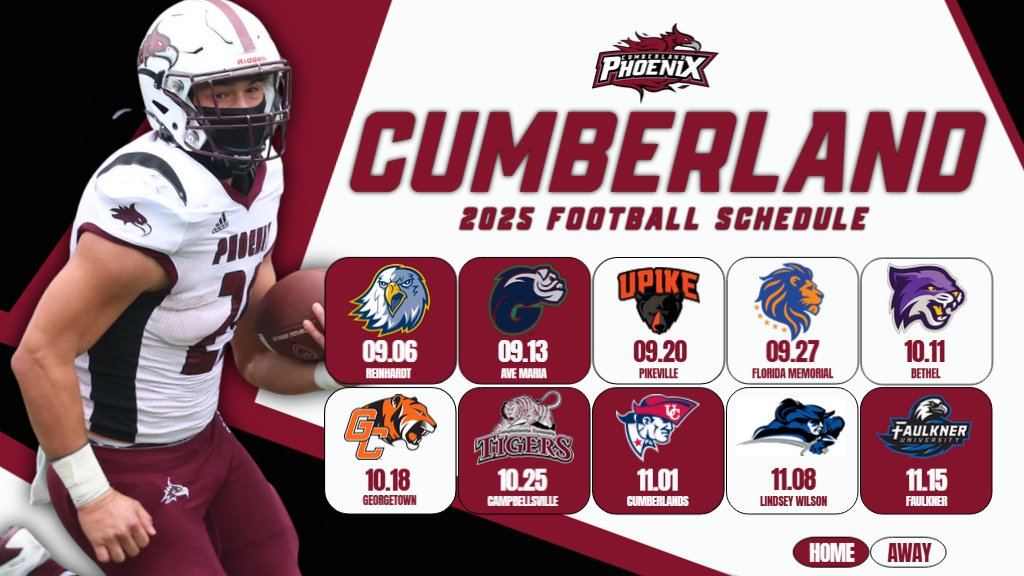 Cumberland Phoenix (@gocuphoenix) on Twitter photo ππ‘π ππππ π
π¨π¨ππππ₯π₯ π¦π°π΅π²π±ππΉπ² ππ π¦ππ§! π¨
The 2025 Cumberland Football schedule is here! ππ₯ The Phoenix kick off the season at home on Sept. 6 under the lights against Reinhardt before diving into the Mid-South Conference slate in October!
π 5οΈβ£ Home ππ‘π ππππ π
π¨π¨ππππ₯π₯ π¦π°π΅π²π±ππΉπ² ππ π¦ππ§! π¨
The 2025 Cumberland Football schedule is here! ππ₯ The Phoenix kick off the season at home on Sept. 6 under the lights against Reinhardt before diving into the Mid-South Conference slate in October!
π 5οΈβ£ Home