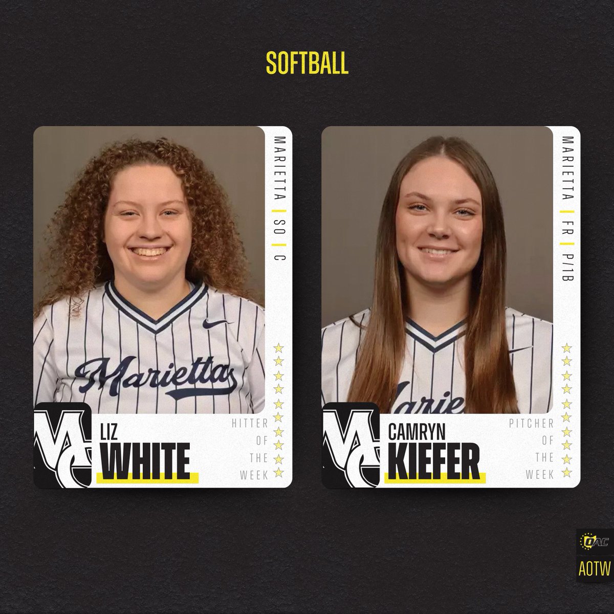 Athletes of the Week | Softball 🥎 

Liz White, <a href="/MariettaPioneer/">Marietta College Athletics</a> 
Camryn Kiefer, <a href="/MariettaPioneer/">Marietta College Athletics</a> 

#OAC | #d3softball