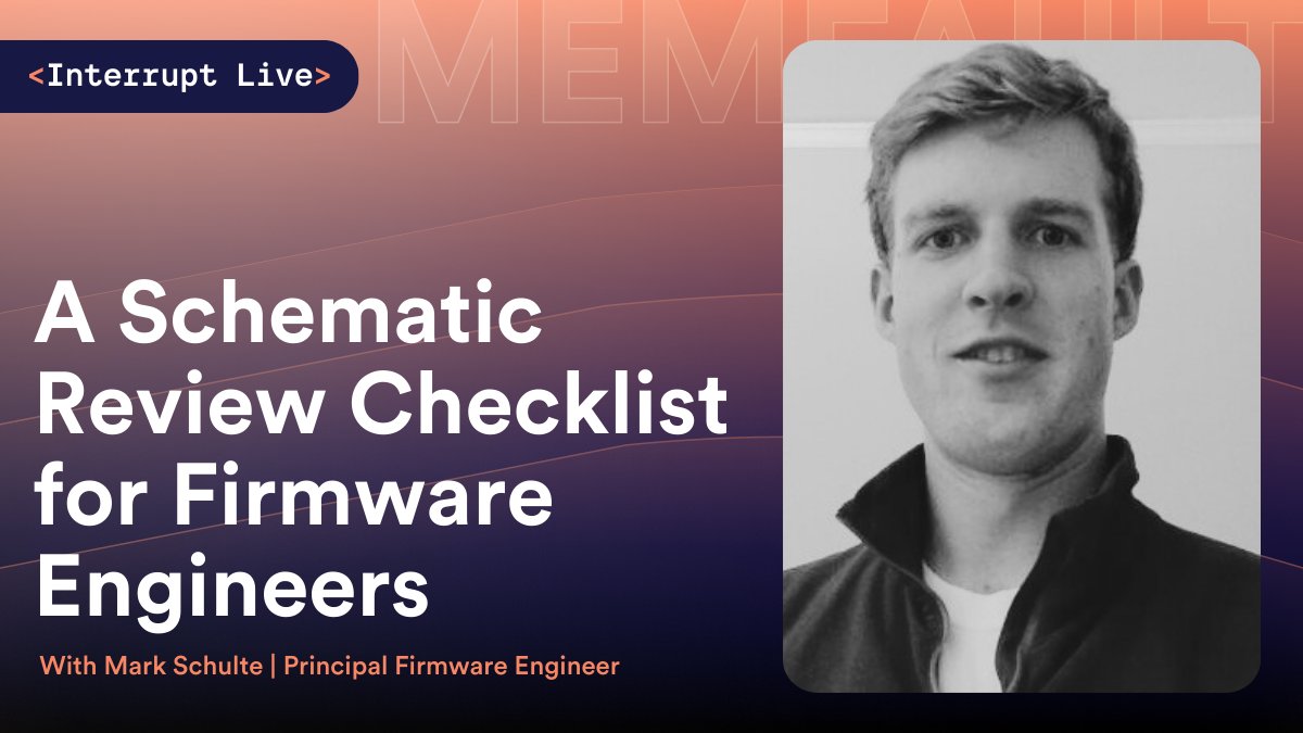 Memfault (@memfault) on Twitter photo Going Live in Just a Few Hours!
Today, we’re live with Mark Schulte, Principal Firmware Engineer at Chromatic, talking about his path into firmware, what inspired his Interrupt contributions, and his biggest takeaways from years in embedded development.
📅 Today, March 28 | Going Live in Just a Few Hours!
Today, we’re live with Mark Schulte, Principal Firmware Engineer at Chromatic, talking about his path into firmware, what inspired his Interrupt contributions, and his biggest takeaways from years in embedded development.
📅 Today, March 28 |