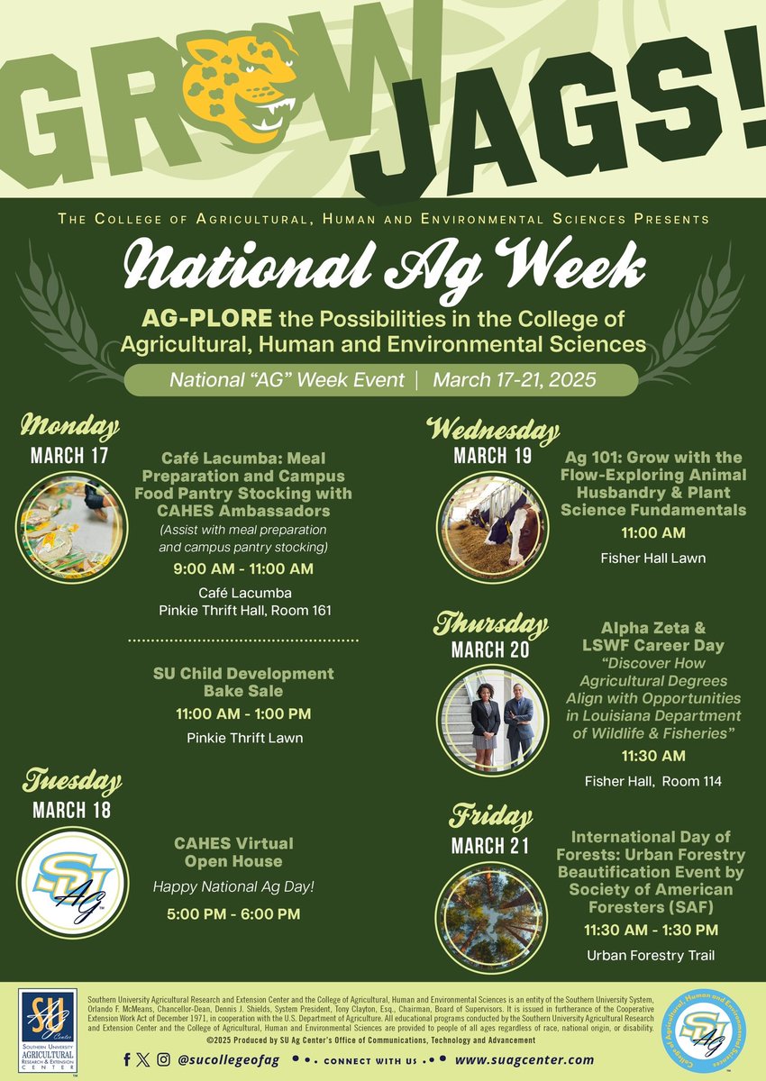 suagcenter's tweet photo. It’s #nationalagweek! Join the College of Agricultural, Human and Environmental Sciences in AG-PLORING the many possibilities with exciting activities happening all week long.💙💛🌱🐾

#NationalAgWeek #GrowJAGS #AgPLORECAHES #RechargeAndCelebrate https://t.co/eFYfZlYgJo