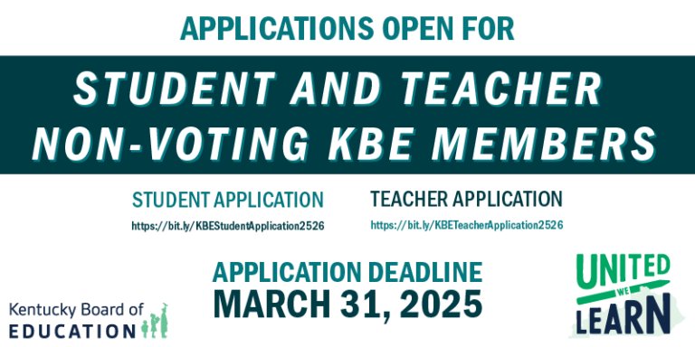 KDE is still accepting applications for non-voting student and teacher members of Kentucky Board of Education for 2025-2026. The application deadline has been extended to March 31. 

Read more: bit.ly/KBEApplication…