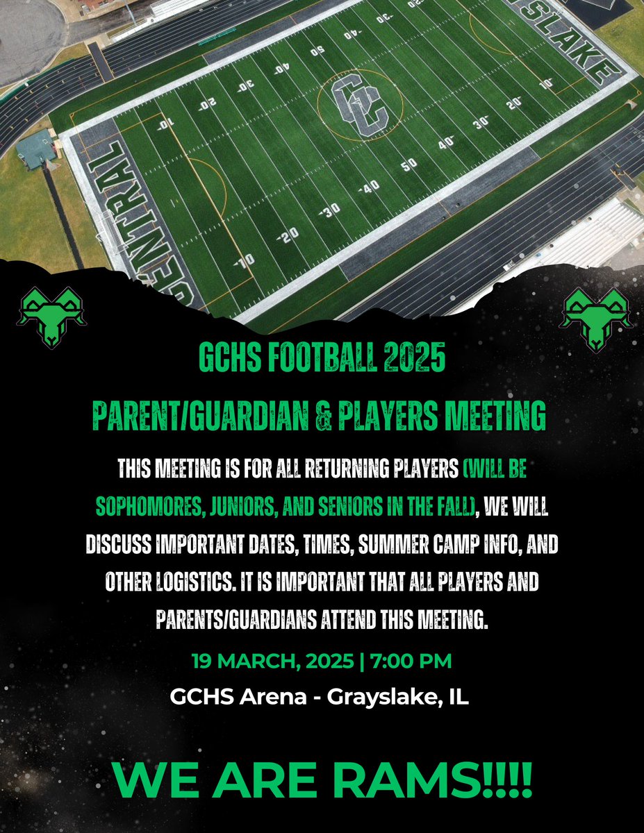 Program wide meeting will be on Wednesday, March 19th at 7pm in the Arena at GCHS. ALL RETURNING PLAYERS and their Parents/Guardians are asked to attend. Let us know if you have any questions or concerns. We Are Rams!!!!