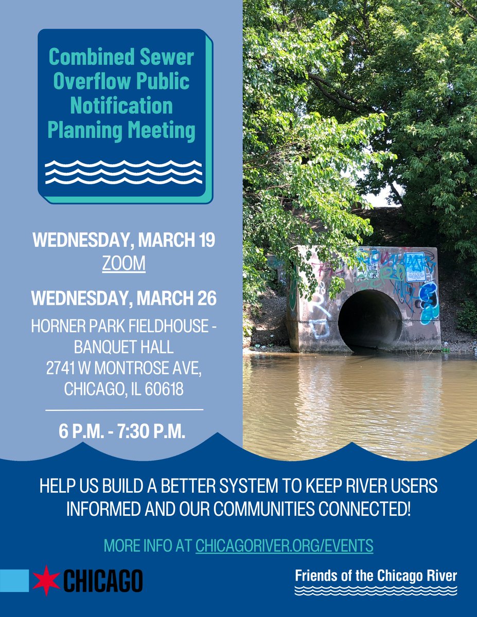 Chicago Department of Environment (@chicagodoe) on Twitter photo Join the City of Chicago & <a href="/chicagoriver/">Friends of the Chicago River</a> virtually this Wed., March 19, or in person on Wed., March 26, to learn about the proposed notification system for informing the public when combined sewer overflows occur. Learn more & register: chicagoriver.org/events Join the City of Chicago & <a href="/chicagoriver/">Friends of the Chicago River</a> virtually this Wed., March 19, or in person on Wed., March 26, to learn about the proposed notification system for informing the public when combined sewer overflows occur. Learn more & register: chicagoriver.org/events