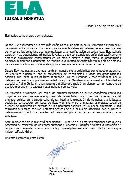 CTAGlobal's tweet photo. @adolfoacta @CachorroGodoy @CTAAutonoma 🗣️ La central mayoritaria del País Vasco (@ELASindikatua) expresa "su más enérgico repudio ante la brutal represión contra jubilados y jubiladas", a la vez que envía "toda nuestra solidaridad, en especial a Pablo Grillo". https://t.co/zxv5jo883a