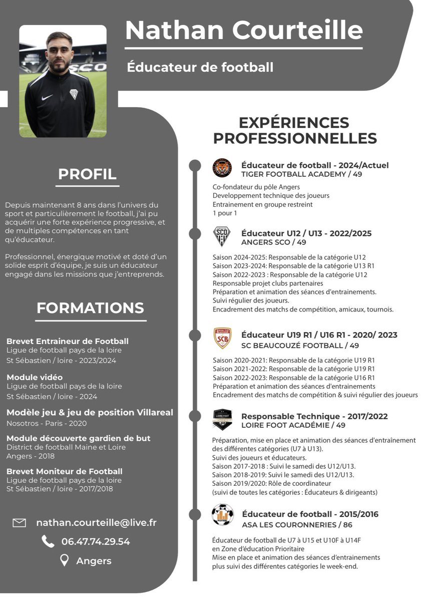 NathCourteille's tweet photo. 🚨RECHERCHE D’UN PROJET SPORTIF ⚽️

Je suis à la recherche d’un nouveau challenge pour la saison 2025-2026.
Apres avoir obtenu le BEF en 2024 et vécu des expériences à @AngersSCO ou encore au @SCBeaucouze je suis ouverts aux échanges en France et à l’étranger. 

RT SVP 🔁🚀 https://t.co/FKPndRYuJ5