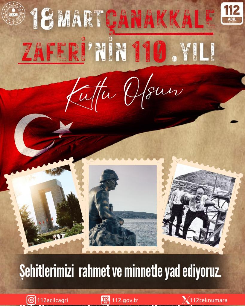 112 Acil Çağrı Merkezleri (@112teknumara) on Twitter photo 18 Mart Çanakkale Zaferi'nin 110. yıl dönümünde, başta Gazi Mustafa Kemal Atatürk ve silah arkadaşları olmak üzere, tüm şehitlerimizi rahmet ve minnetle anıyoruz. 🇹🇷
<a href="/TC_icisleri/">T.C. İçişleri Bakanlığı</a>
<a href="/illeridaresi/">İller İdaresi Genel Müdürlüğü</a> 18 Mart Çanakkale Zaferi'nin 110. yıl dönümünde, başta Gazi Mustafa Kemal Atatürk ve silah arkadaşları olmak üzere, tüm şehitlerimizi rahmet ve minnetle anıyoruz. 🇹🇷
<a href="/TC_icisleri/">T.C. İçişleri Bakanlığı</a>
<a href="/illeridaresi/">İller İdaresi Genel Müdürlüğü</a>