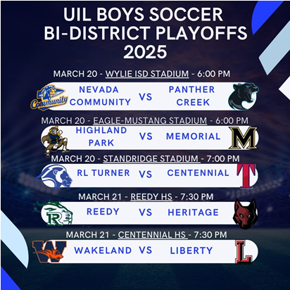 Official Frisco ISD Sports (@friscoisdsports) on Twitter photo It's spring break in <a href="/friscoisd/">Frisco ISD</a>, but it's also the first week of the soccer playoffs, and 15 -- (yes, 15!) -- FISD teams are in the brackets. First-round games will be played Thursday and Friday.
⚽️Schedules and tickets:
friscoisd.org/news/article/2… It's spring break in <a href="/friscoisd/">Frisco ISD</a>, but it's also the first week of the soccer playoffs, and 15 -- (yes, 15!) -- FISD teams are in the brackets. First-round games will be played Thursday and Friday.
⚽️Schedules and tickets:
friscoisd.org/news/article/2…