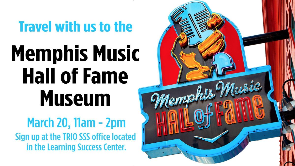 asumidsouth's tweet image. 🎶 Join TRiO SSS for a trip to the Memphis Music Hall of Fame on March 20th! 🎸 Experience the legends, the stories and the sounds that shaped music history. Sign up today at the TRiO SSS office in the Learning Success Center—spots are limited! 🎤 #TRiOSSS #MemphisMusicHallOfFame
