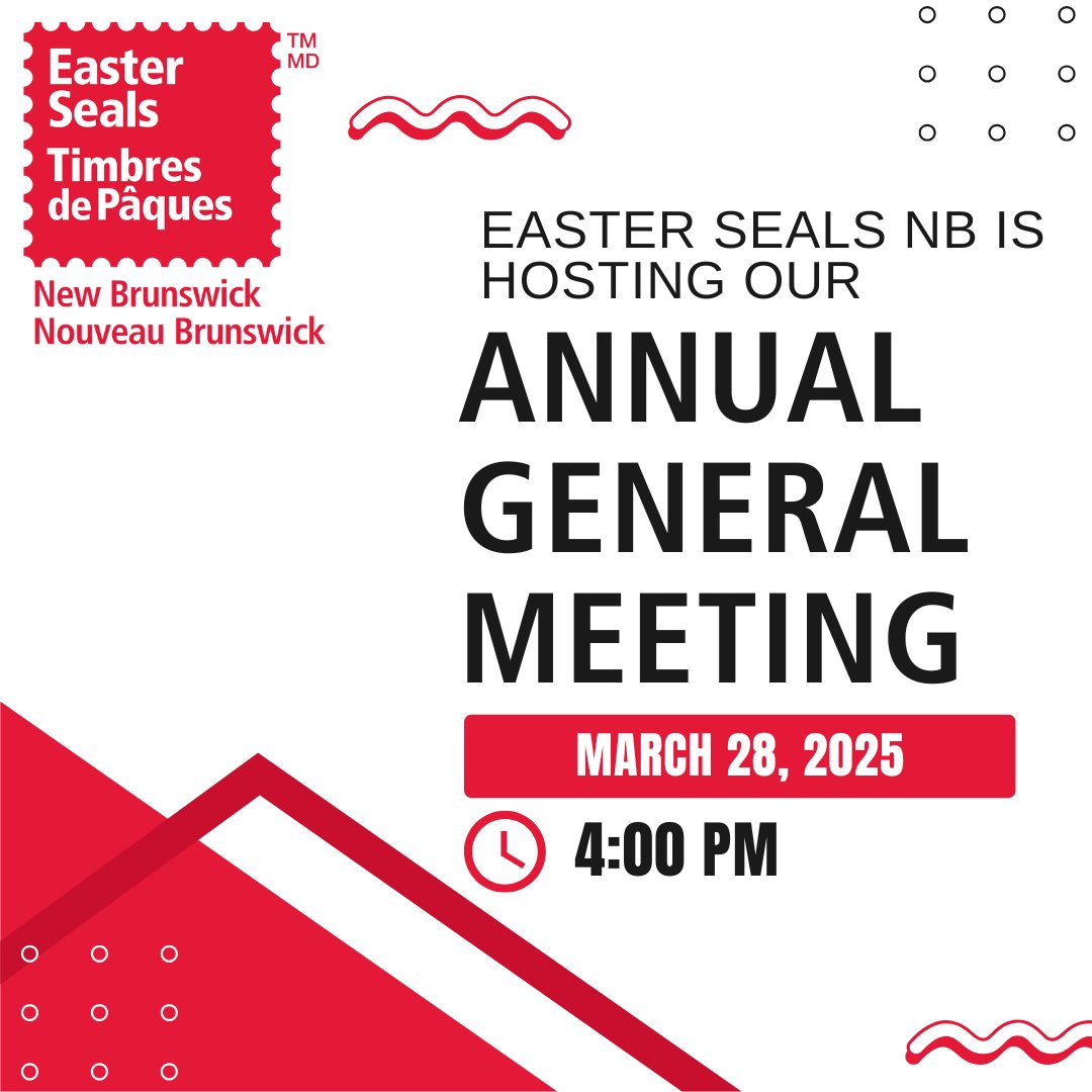 ⏰📋📣 Easter Seals New Brunswick is hosting our 2024 Annual General Meeting! It will be held virtually on March 24th at 4pm. For more information, please reach out to us at info@easterseals.nb.ca

Hope to see you there! ✨