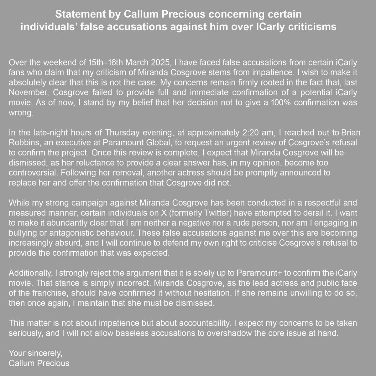 precious_callum's tweet photo. 💥READ THE FULL STATEMENT BY CALLUM PRECIOUS💥

#SackMirandaCosgrove #iCarly #Paramount #Nickelodeon #MirandaCosgrove https://t.co/aVPHWITN6N