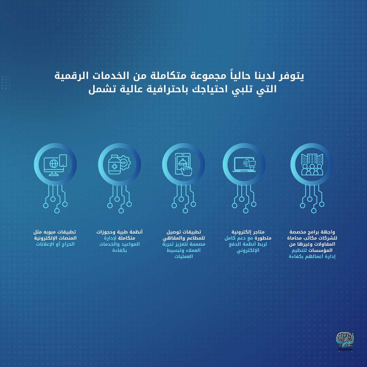 في FlowPath نقدم العديد من الخدمات الرقمية للشركات والمؤسسات
للمزيد من المعلومات وللطلب زوروا موقعنا
flowpathtech.com//